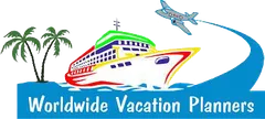 A logo for worldwide vacation planners with a cruise ship and palm trees