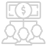 Un icono de contorno gris que muestra el símbolo del dólar sobre tres siluetas humanas conectadas, que representan el reparto de beneficios.