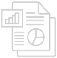 Un icono gris claro que muestra dos páginas de un documento, una con un gráfico de barras y otra con un gráfico circular, que representan un informe o datos.