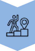 Un icono estilizado que muestra a una persona de pie sobre una plataforma escalonada junto a un símbolo de marcador de ubicación, todo ello sobre un fondo azul.