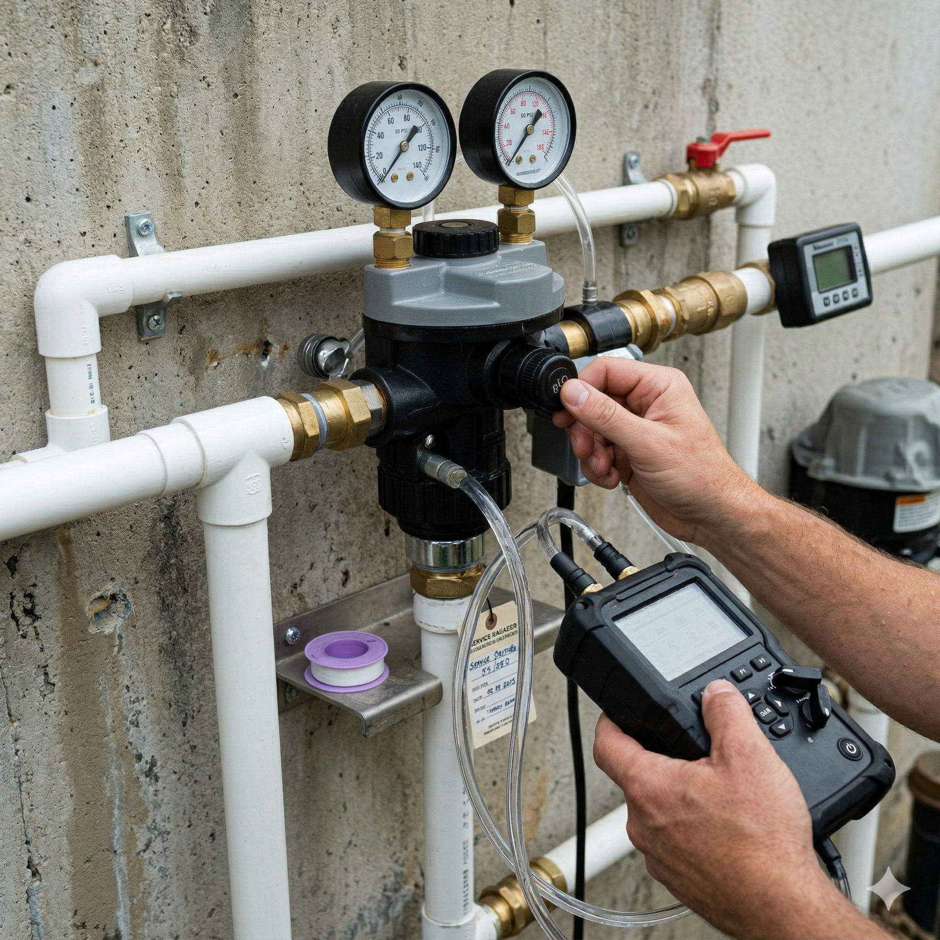A technician uses a handheld electronic device to test or calibrate a water pressure regulating system on a wall.