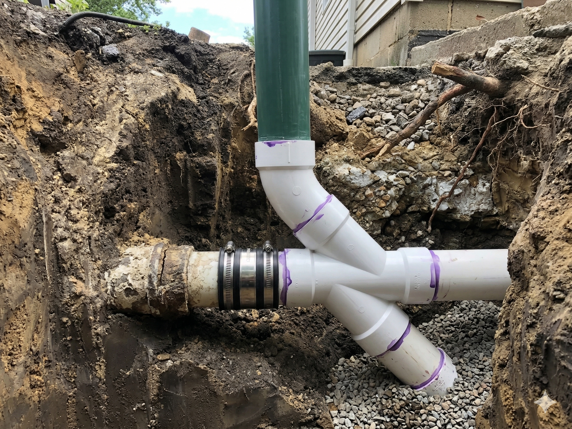 A white PVC wye fitting connects a green vertical pipe to a horizontal pipe in a dirt trench, joined by a rubber coupling.