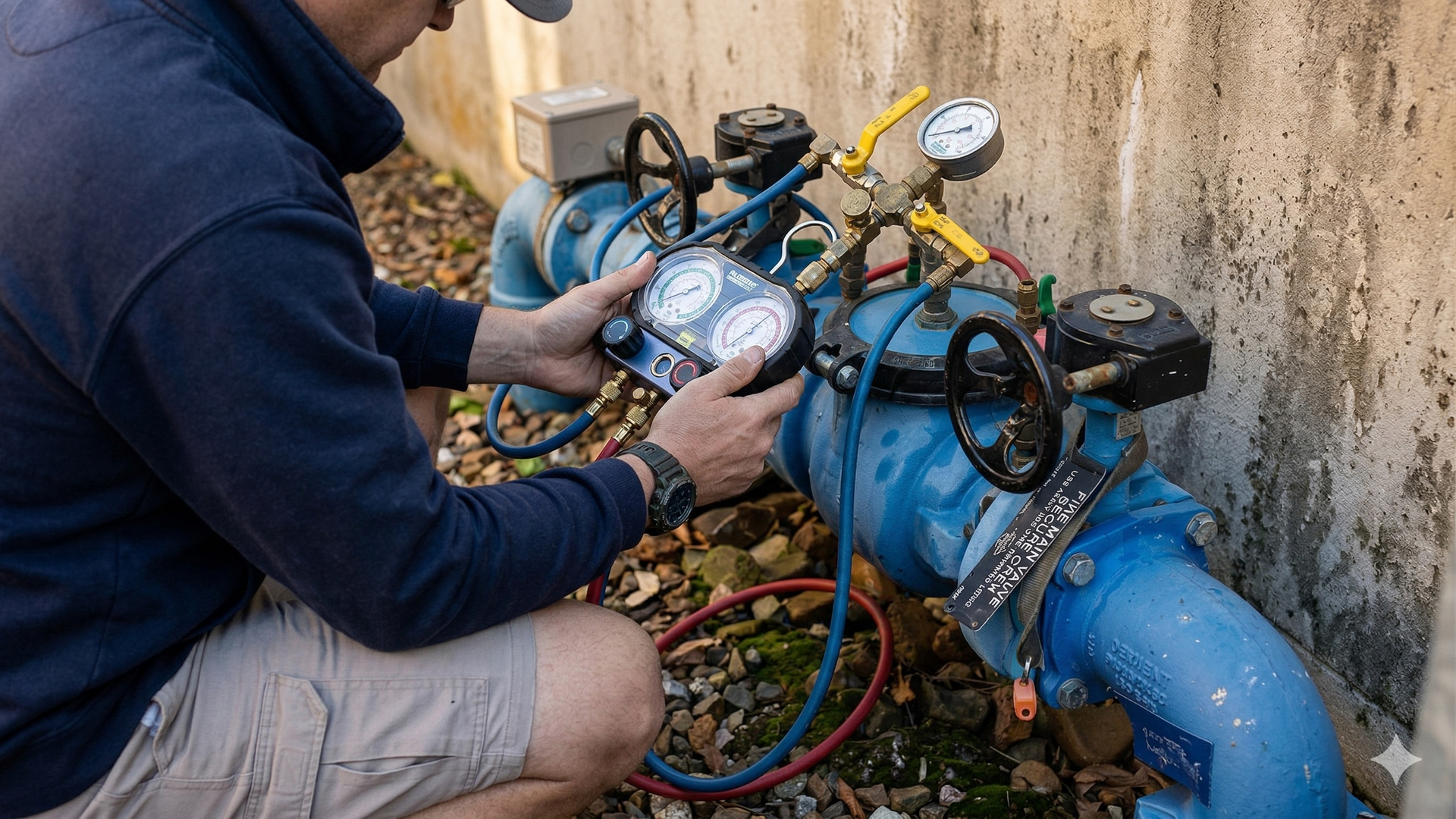 A person tests a blue backflow prevention device on a concrete wall using a dual-gauge manifold.