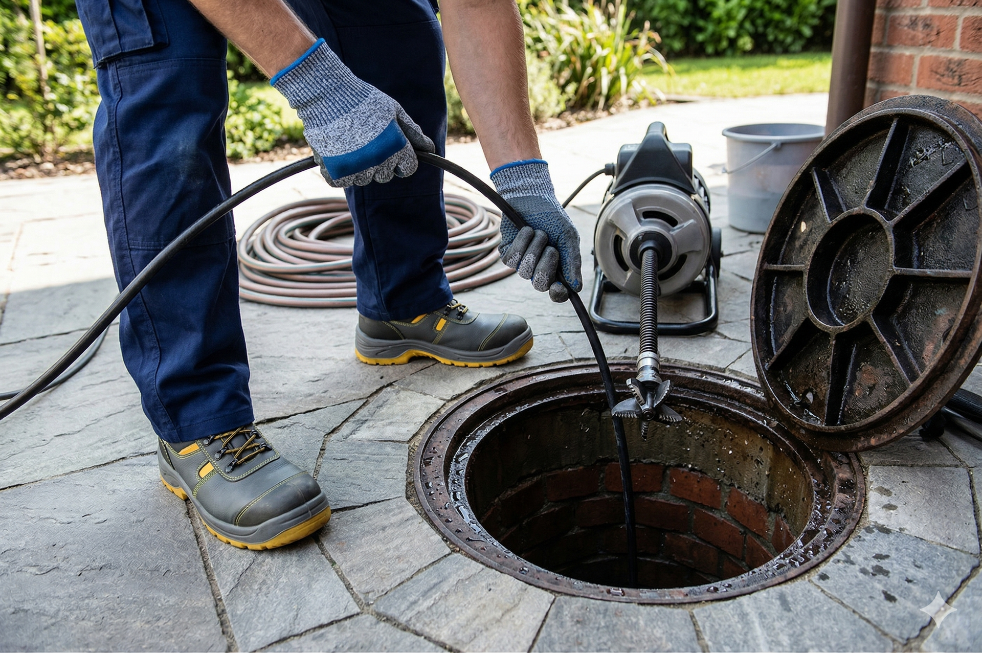 A worker in work pants and gloves feeds a sewer cleaning machine cable into an open outdoor drain on a stone patio.