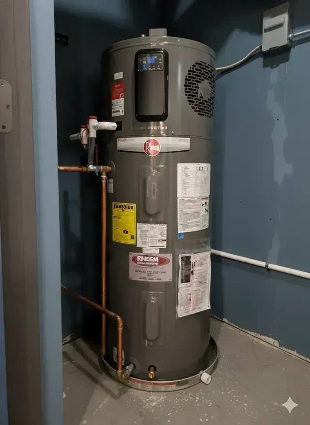 A gray Rheem heat pump water heater sits in a corner on a drain pan against a blue wall.