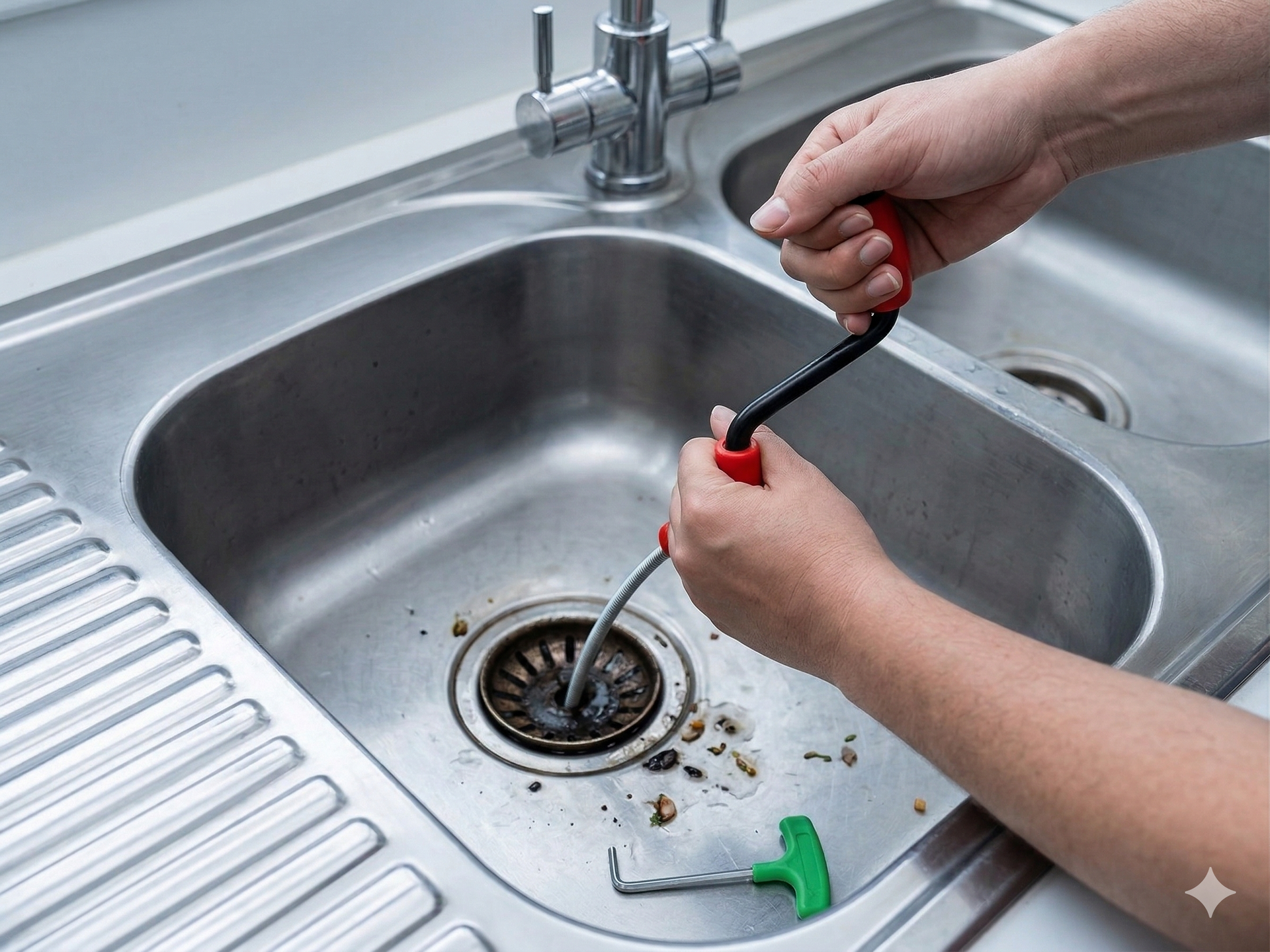 Hands using a drain snake tool to unclog a kitchen sink.
