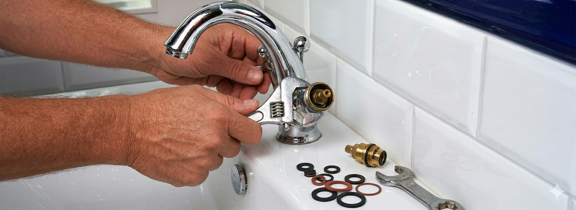 A pair of hands uses a wrench to repair a chrome bathroom faucet, with spare parts and tools laid out on the sink.