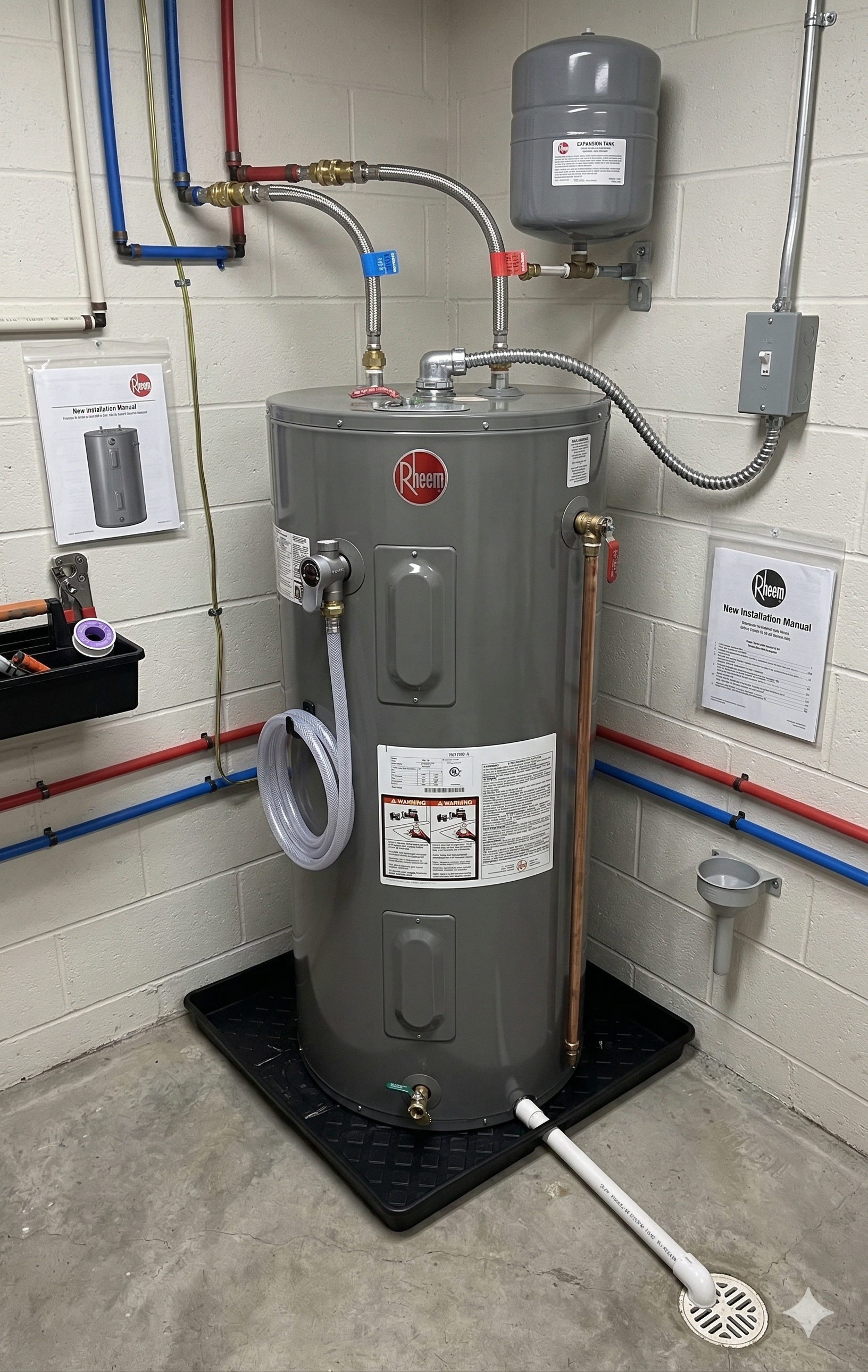 A gray electric water heater with connected pipes and a small expansion tank sits in a drip pan on a concrete floor.