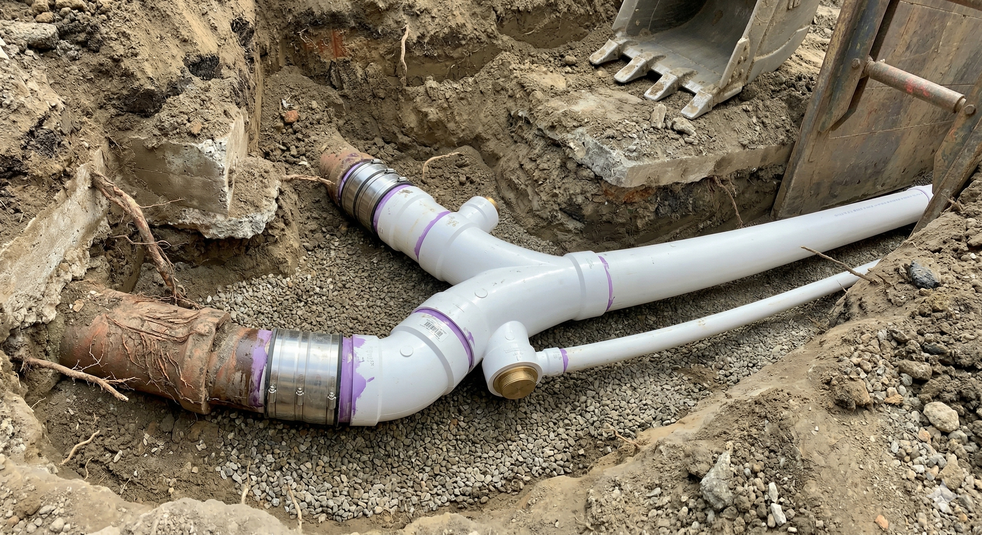 New white PVC drain pipes installed in a dirt trench, connected to an existing clay pipe with a metal coupling.