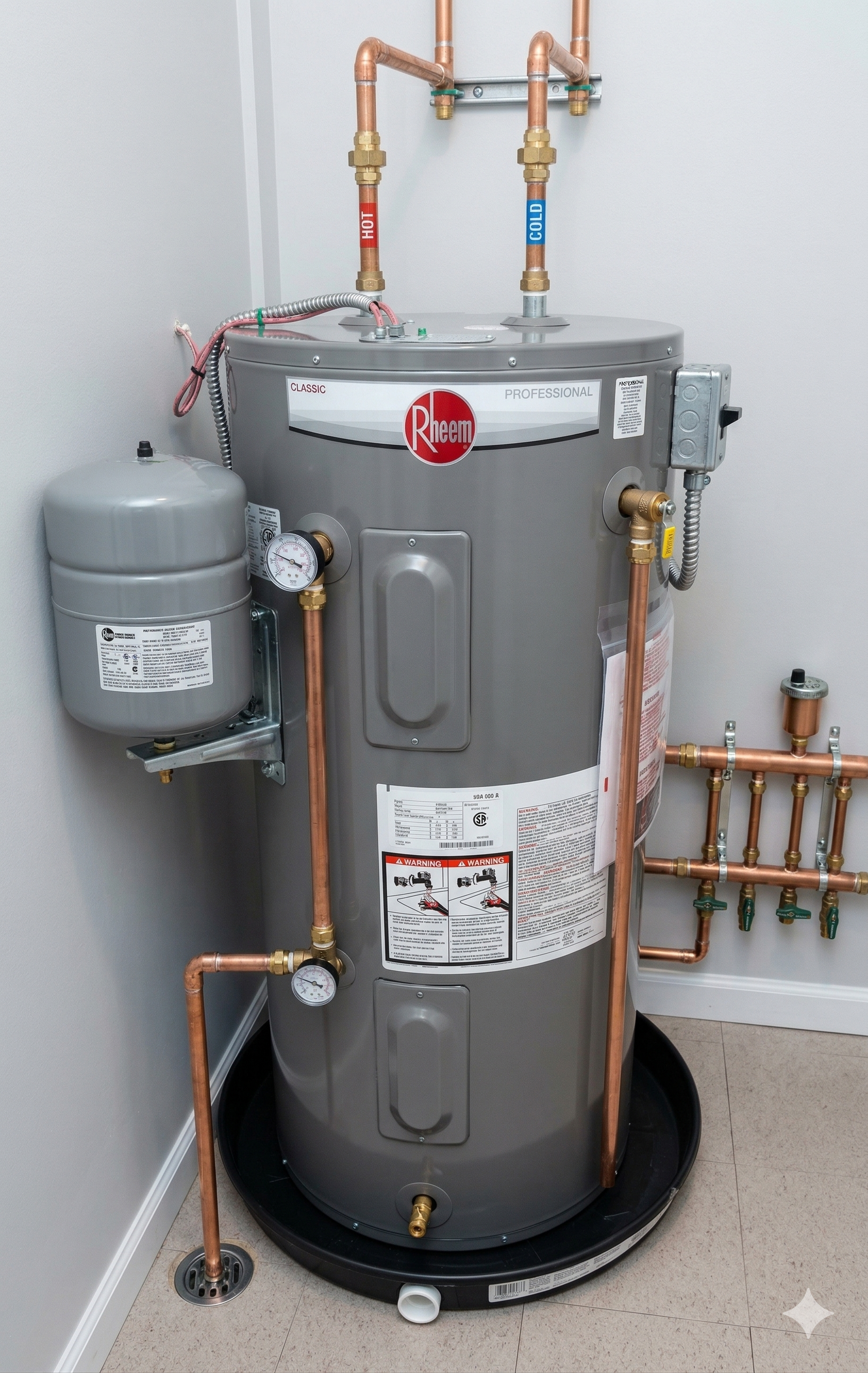 A grey water heater in a drain pan with copper pipes, a pressure tank, and a manifold in a residential setting.