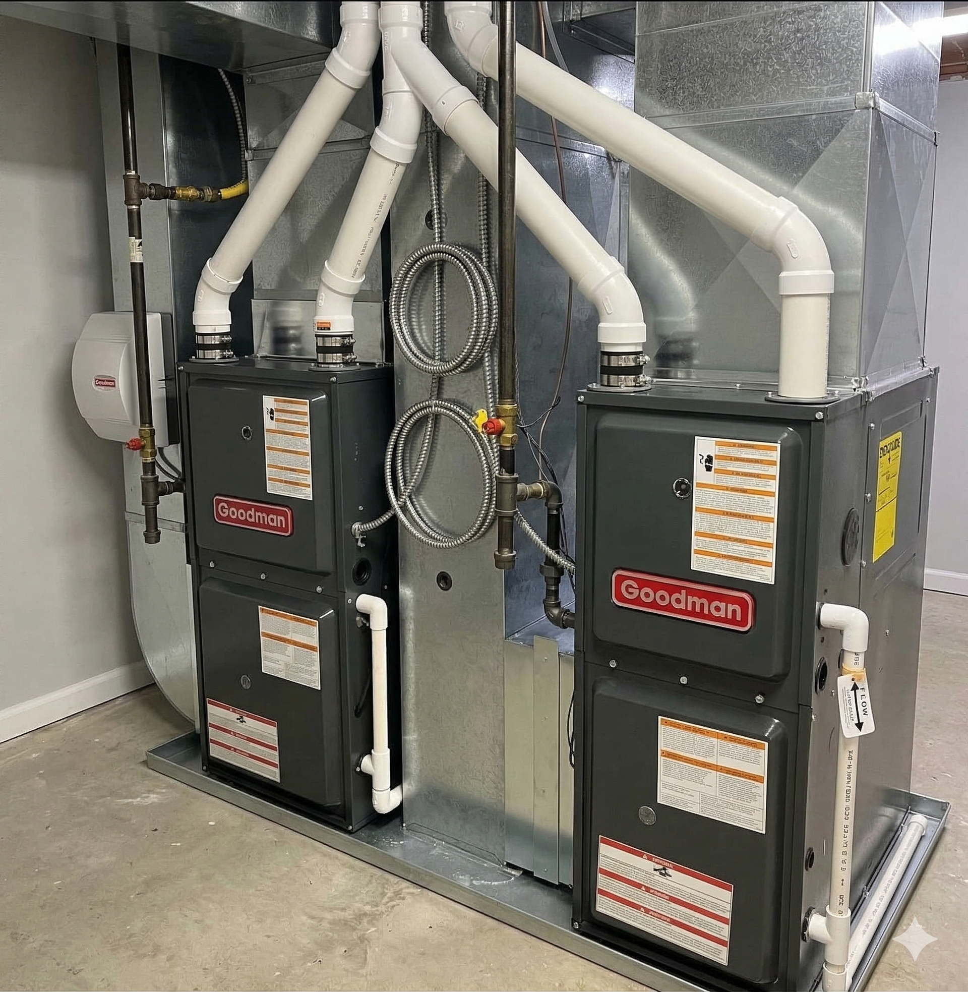 Two Goodman HVAC furnace units installed side-by-side on a concrete floor with connected white PVC 