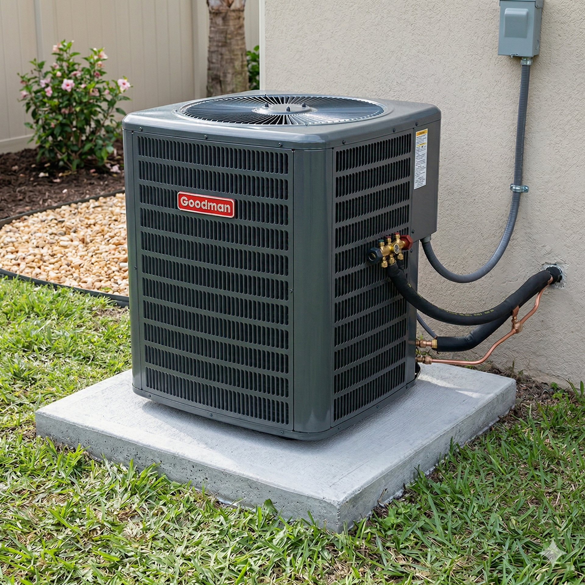 A grey Goodman air conditioning unit sits on a concrete pad outside a house next to a flowerbed.