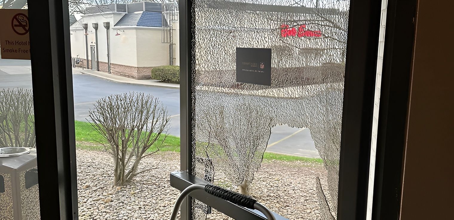 A broken window, inside view. The exterior shows a building and sign, potentially a business.
