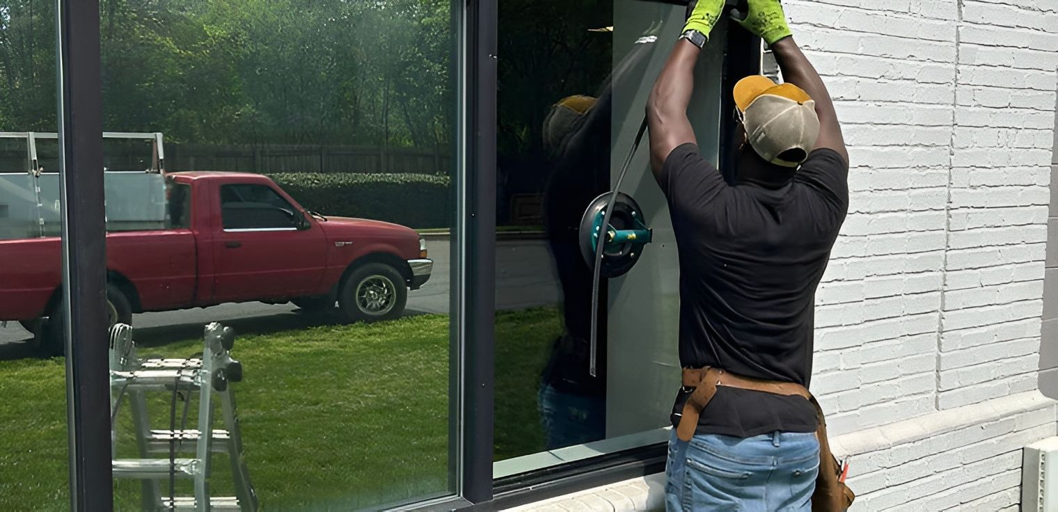 A person in a cap and gloves installs a window, reflected red truck in the glass.