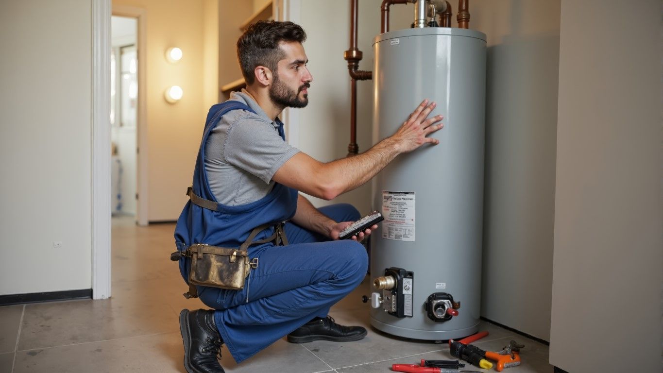Plumber kneeling beside a water heater, inspecting it with tools on the floor in a home utility room.