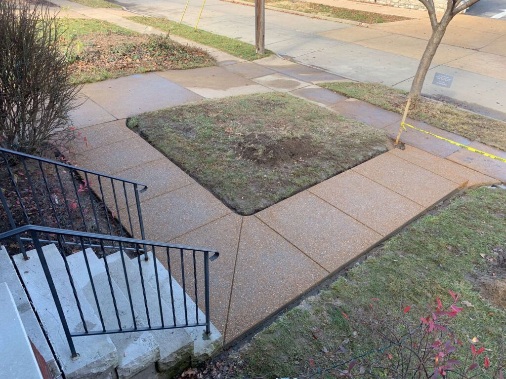 A sidewalk with stairs and a grassy area in the middle of it.