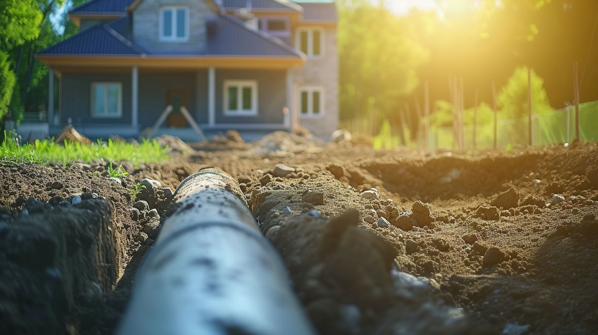A pipe is laying in the dirt in front of a house under construction.