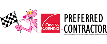 Pink Panther holding a checkered flag, next to Owens Corning logo and 