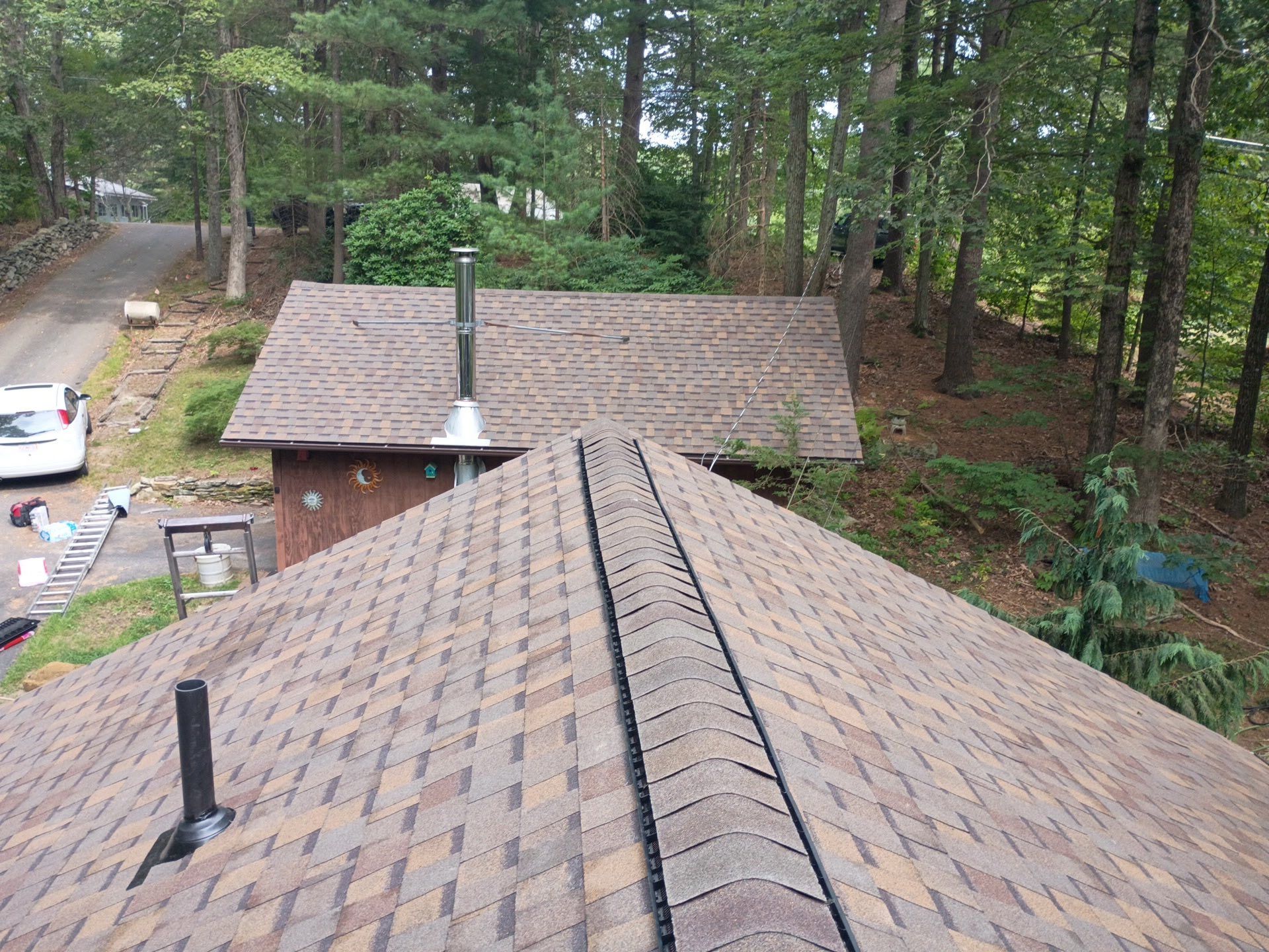 Two brown shingled roofs meet at a valley, with a chimney on each. Trees and a road in the background.