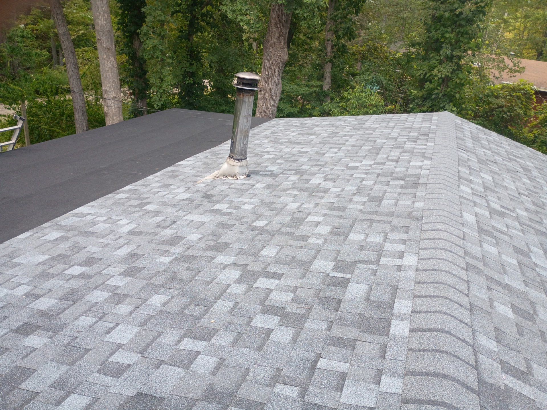 Gray shingle roof with chimney and black roof section. Trees in the background.