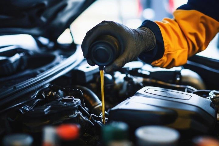 A person is pouring oil into a car engine.ocation icon