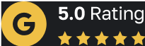 A yellow circle with the letter g and the words 5.0 rating