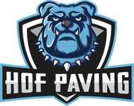 A logo for hof roofing with a blue bulldog on it