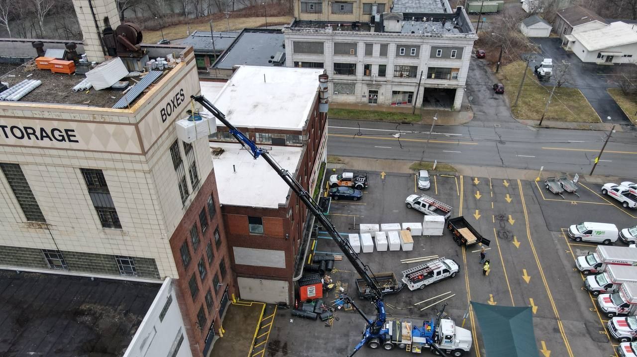 An aerial view of a building with the word torage on it