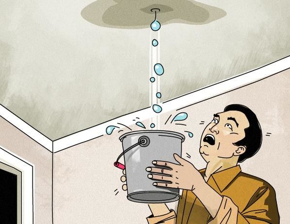 A cartoon of a man holding a bucket under a leaking ceiling