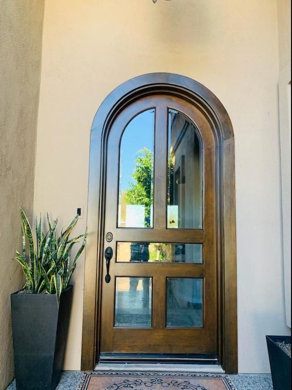 Wooden arched front door with glass panels, potted snake plant, and beige walls.