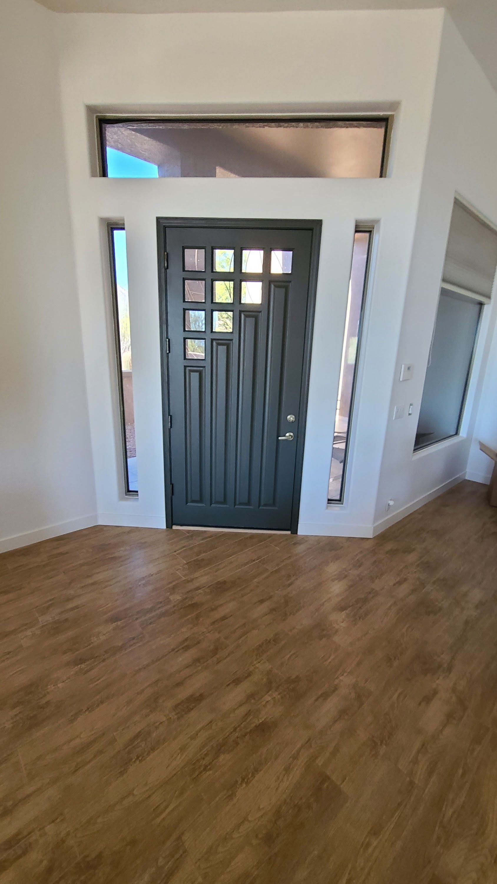Interior view of a house entrance. A dark door with multiple panes, flanked by narrow windows. Light-colored wood floor.
