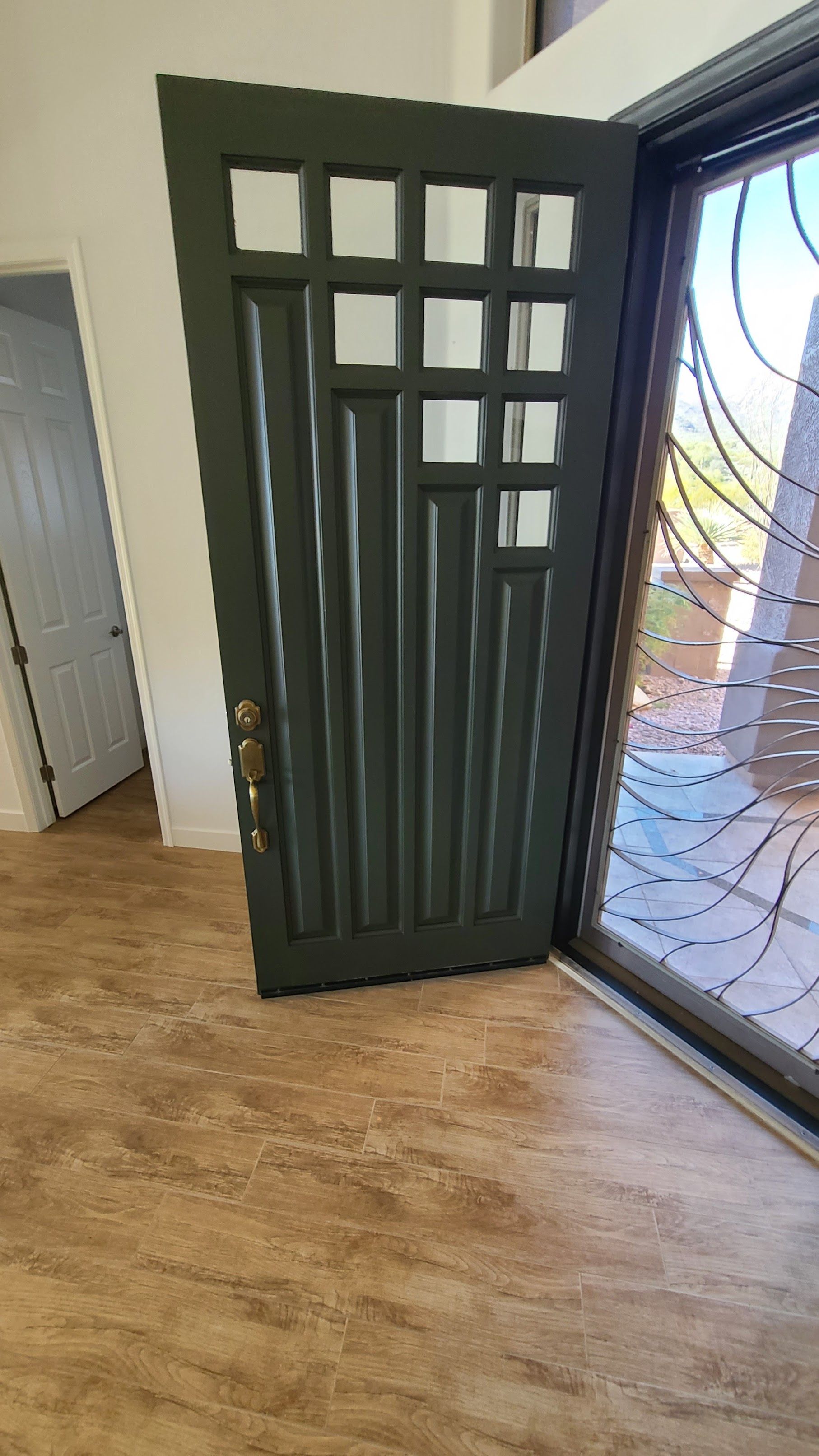 Green front door with grid windows and vertical panels, open next to a glass door.