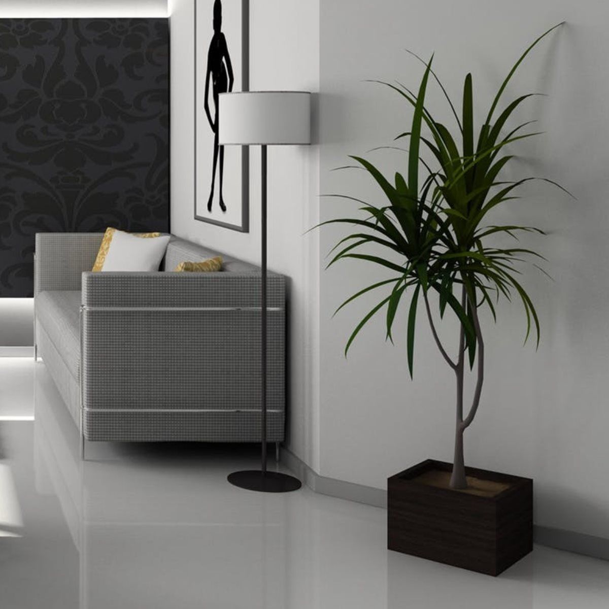 Modern living room corner: gray couch, tall floor lamp, potted plant, abstract artwork on the wall.