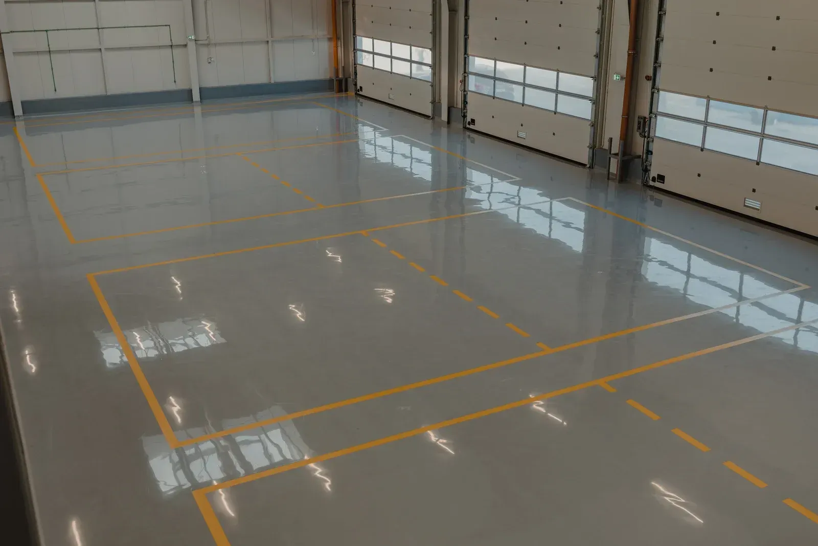 Grey epoxy floor with yellow lines in a garage. Reflective surface.