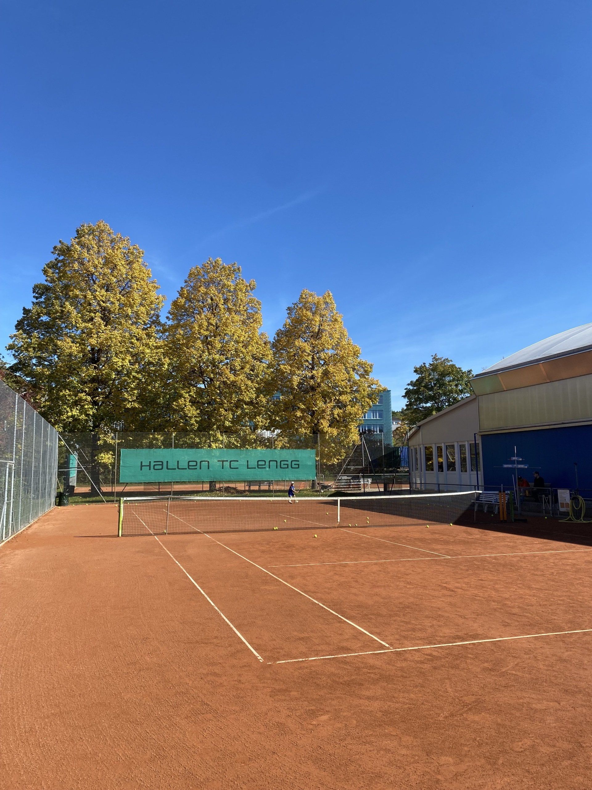 Ein Tennisplatz mit einem grünen Netz und Bäumen im Hintergrund
