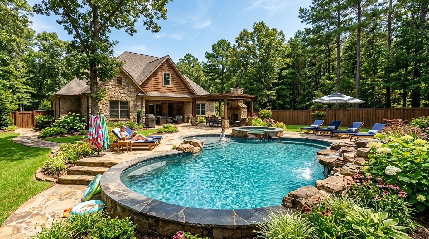 Poolside view of a stone house with a pool, sunbathers, and surrounding greenery on a sunny day.