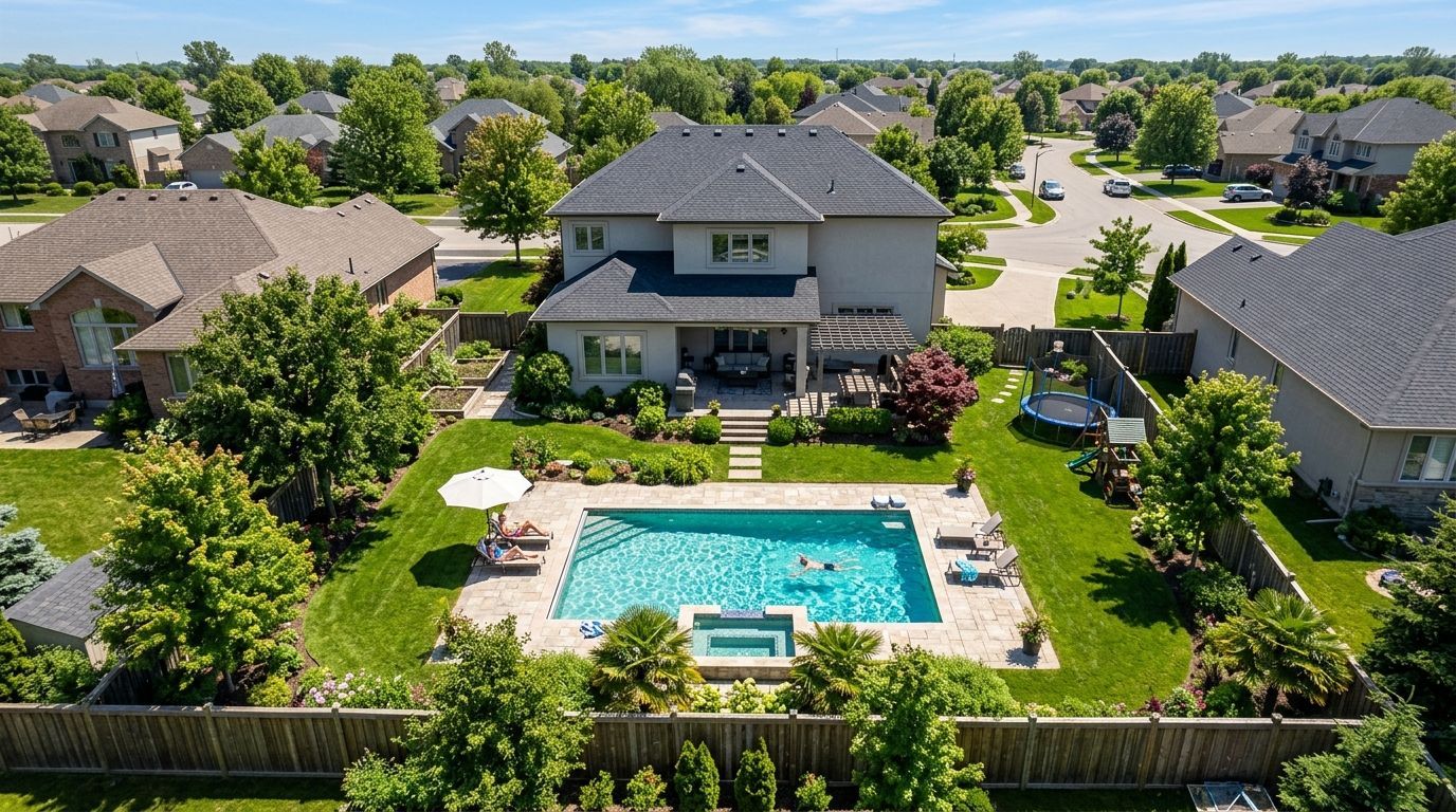Aerial view of a residential backyard with a rectangular swimming pool, hot tub, patio, and lush green lawn.