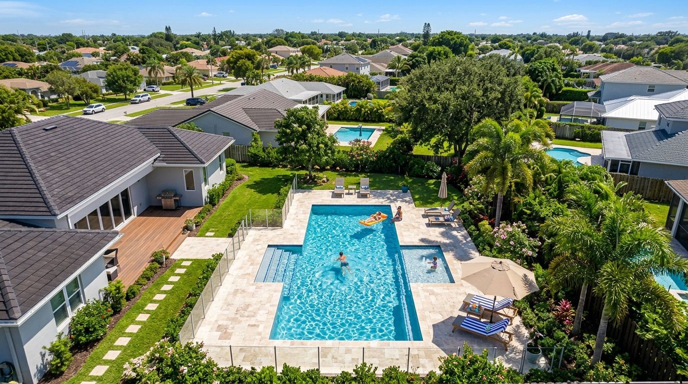 An aerial view of a suburban backyard featuring a swimming pool, patio, lush landscaping, and surrounding homes.