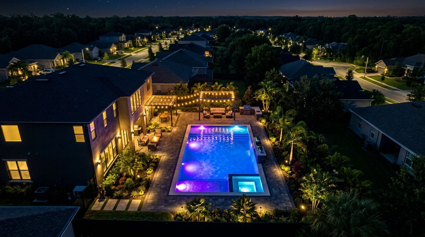 An aerial nighttime view of a house backyard featuring an illuminated rectangular pool with colorful LED lights.