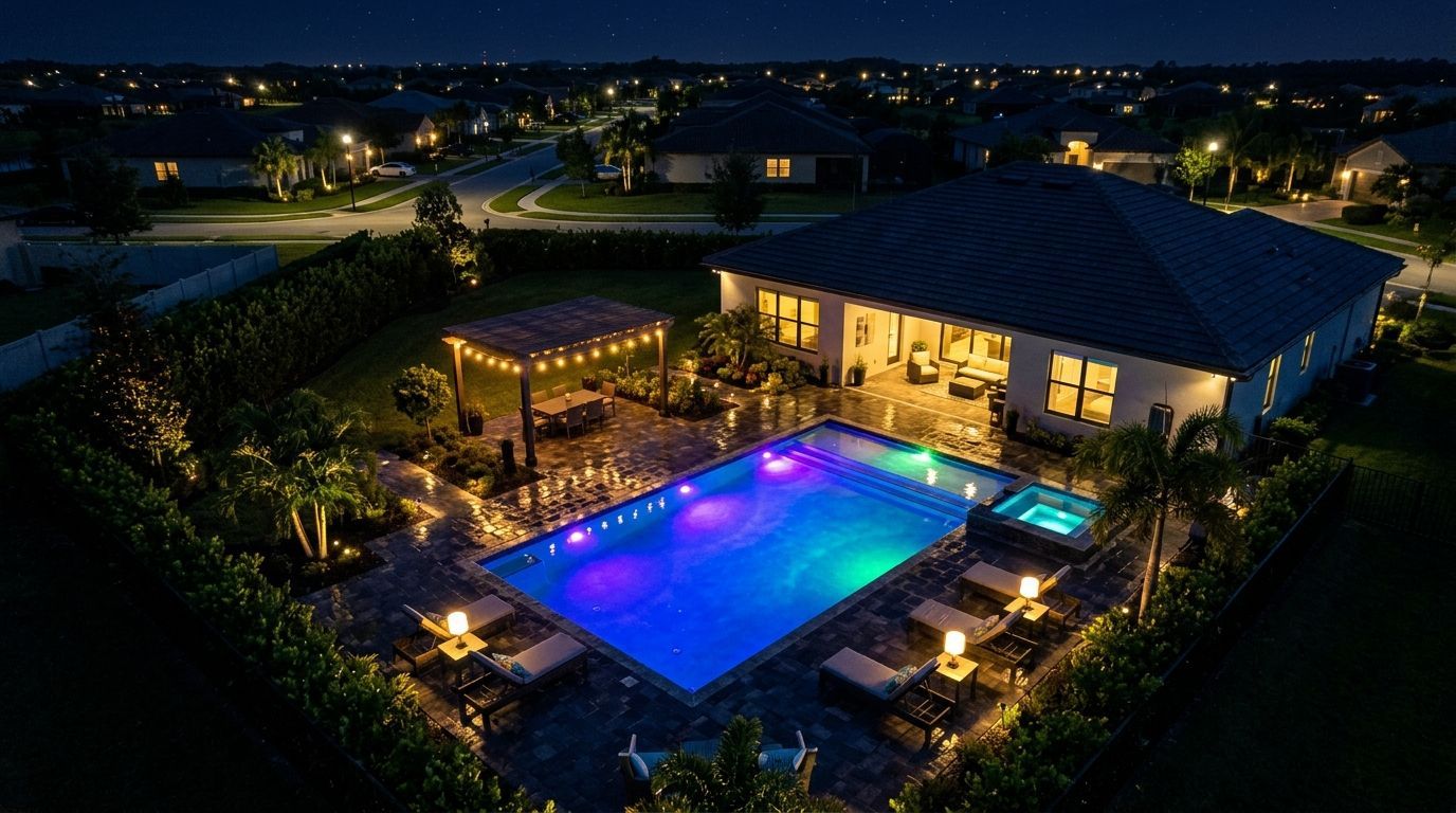 An aerial night view of a residential backyard featuring an illuminated pool with purple lights and string-lit patio.