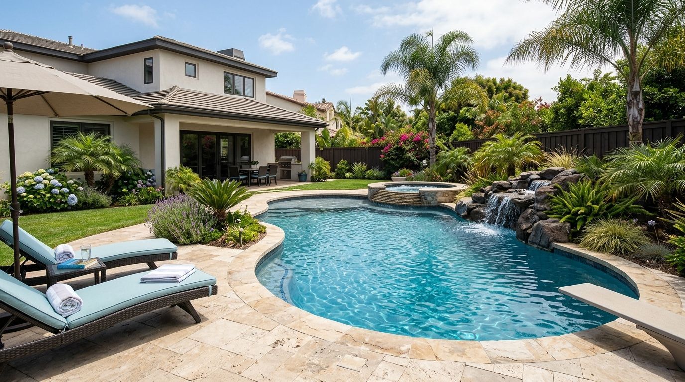 A backyard features a swimming pool with a rock waterfall and spa, stone patio, lounge chairs, and a two-story house.