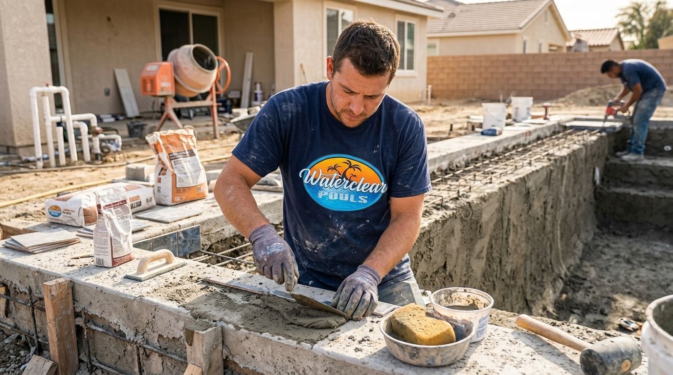 Man applying mortar to a pool coping during construction. Another worker in the background. Outdoor setting.