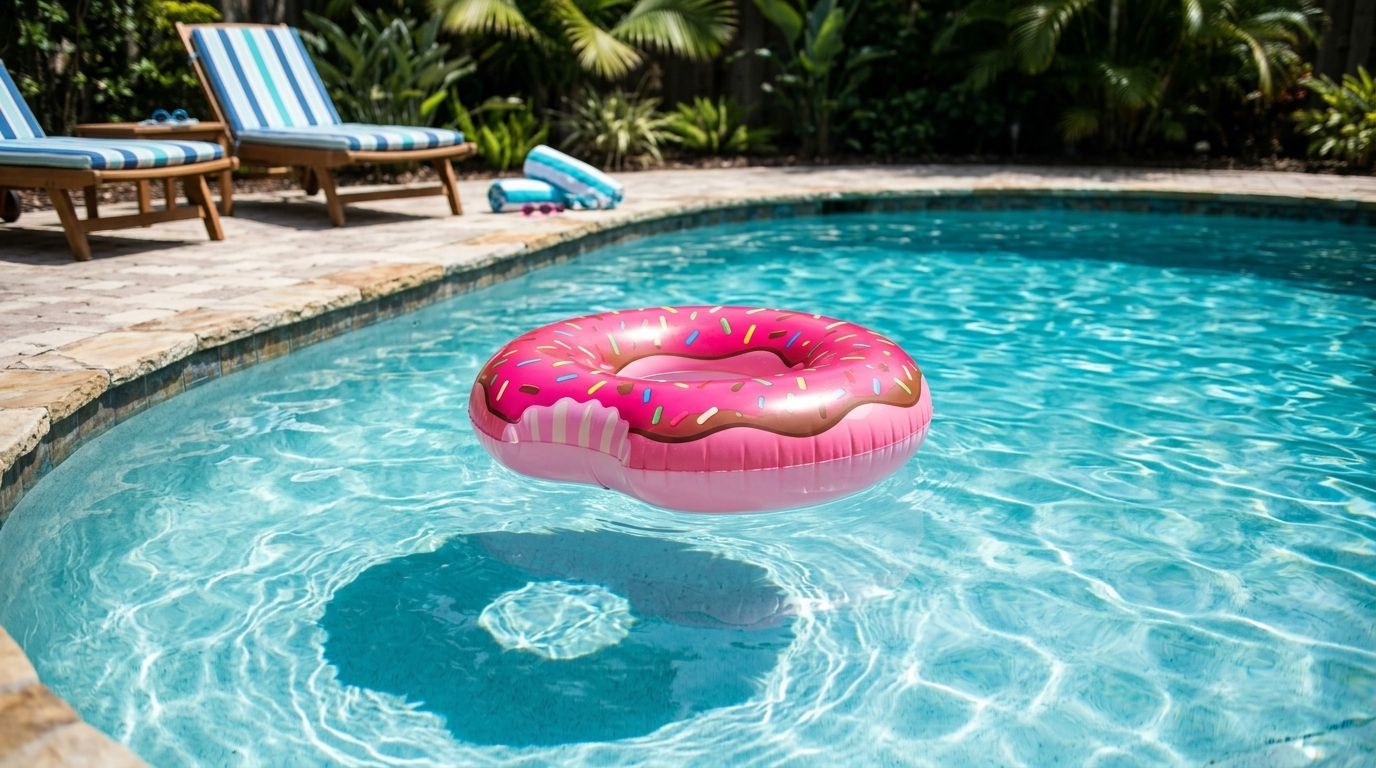 A pink donut-shaped pool float rests on the surface of a blue swimming pool, with lounge chairs on the patio nearby.