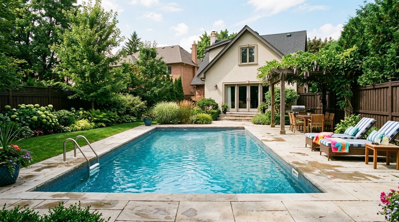 Swimming pool with a silver ladder, filled with blue water.