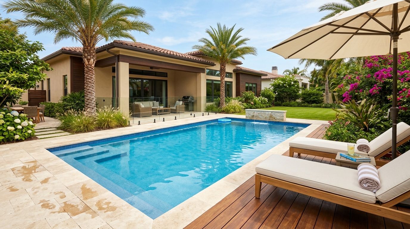 Aerial view of a house with a pool in a residential neighborhood.