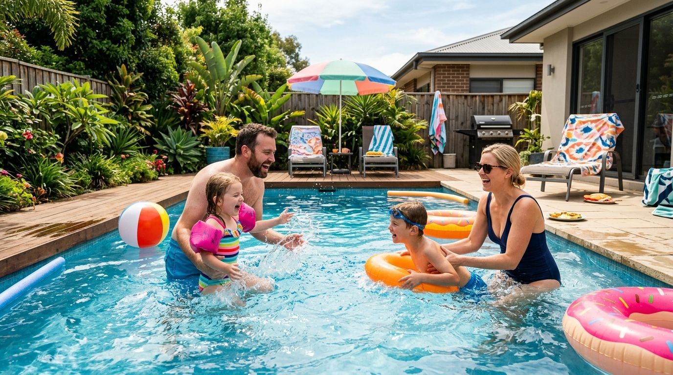 Family playing in a backyard swimming pool on a sunny day.