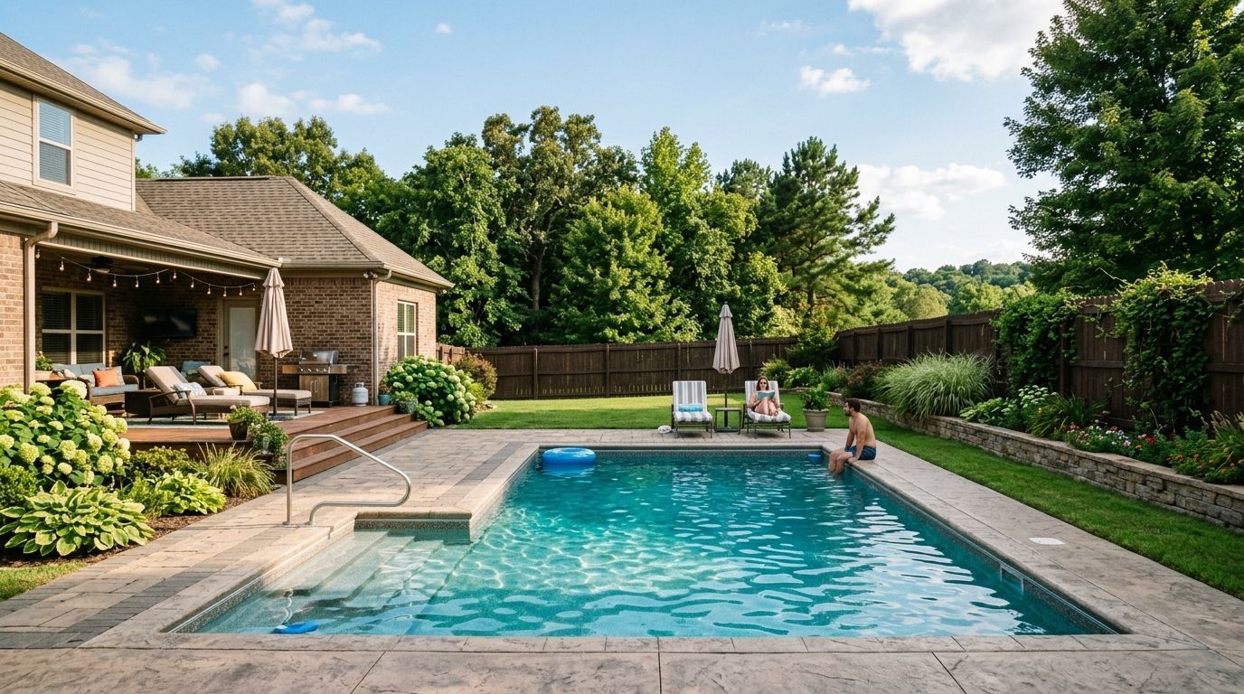 Woman with pool professional discussing pool maintenance by a pool.