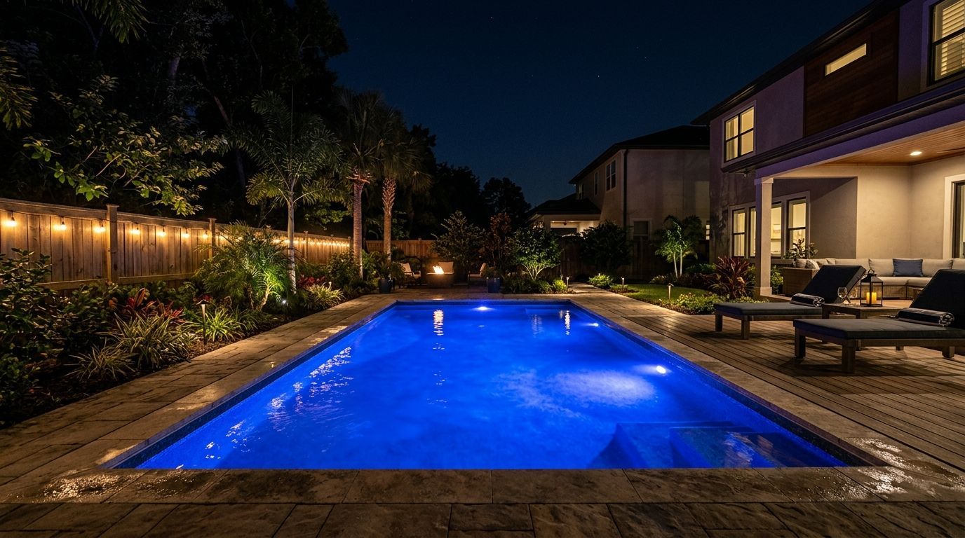Nighttime backyard with illuminated pool, pergola, and landscaping. Purple pool lights.