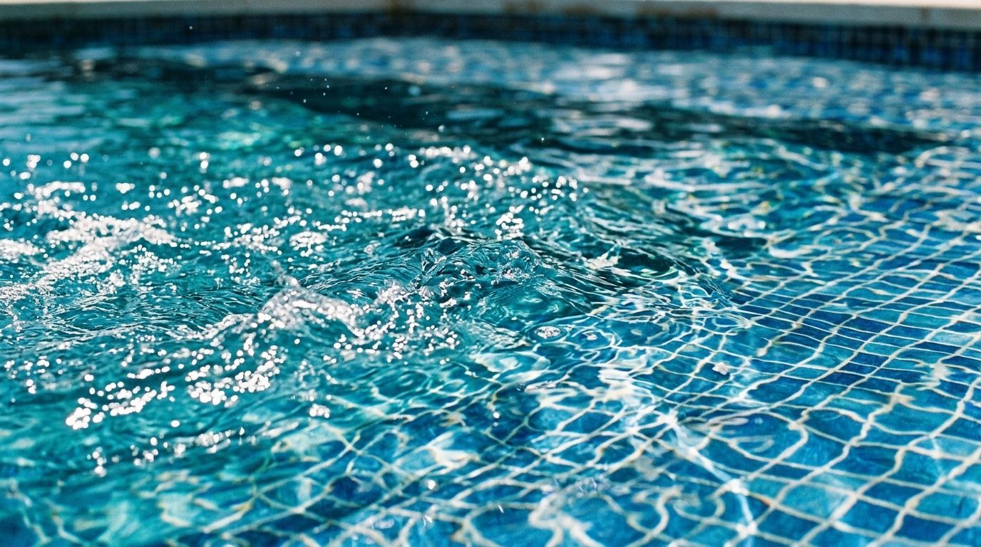 Sunlight ripples across the turquoise water of a swimming pool with a mosaic-tiled floor.