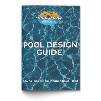 Pool design guide brochure featuring a blue water background with the Waterclear Pools logo at the top.